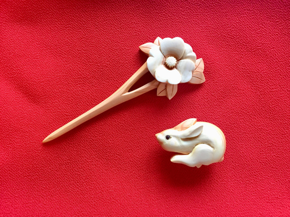 椿の花のかんざし&野うさぎの帯留めセット 冬支度ハンドメイド2021