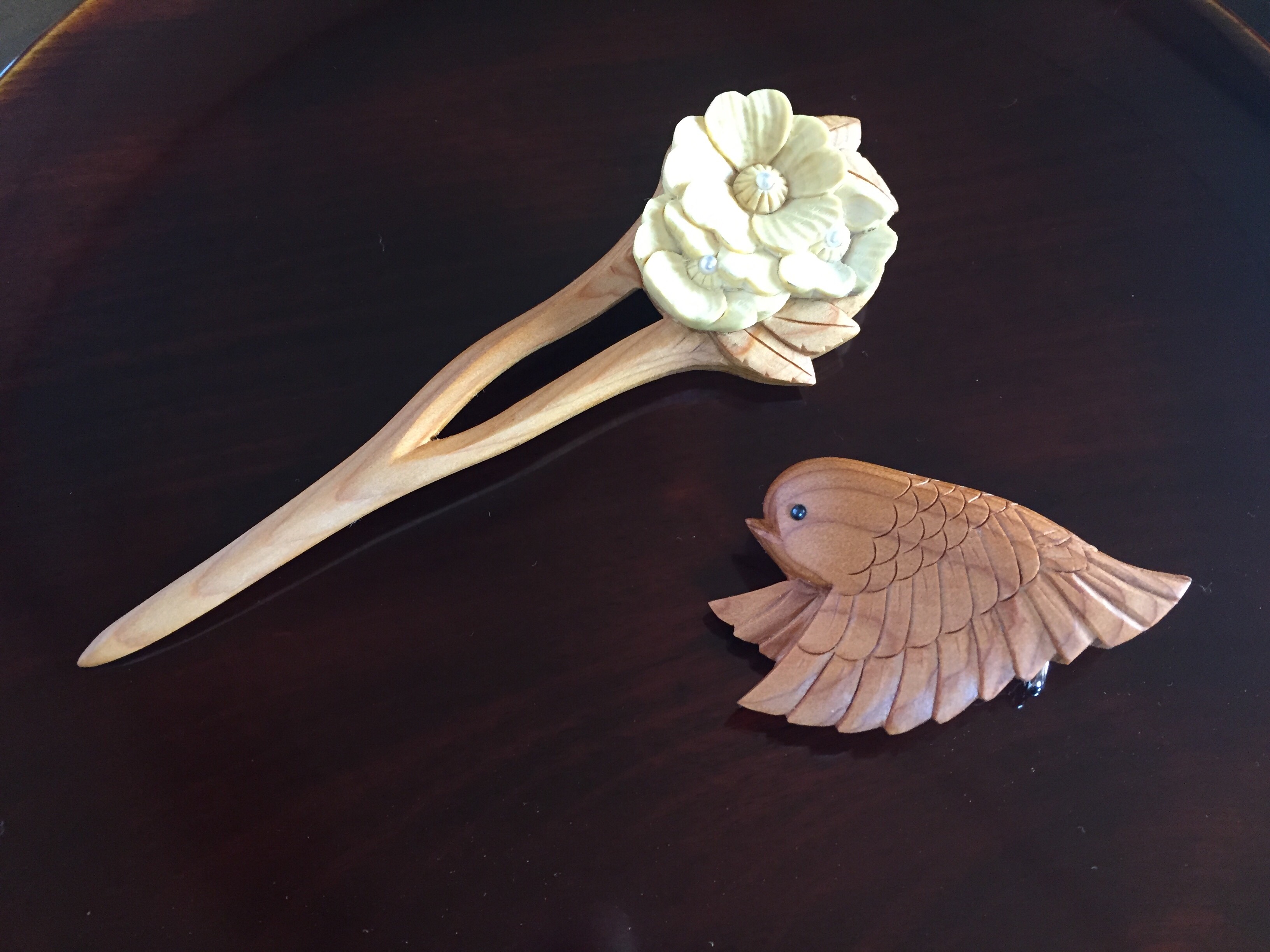 桜の花のかんざし & 福来雀のブローチ兼帯留めセット  受注製作