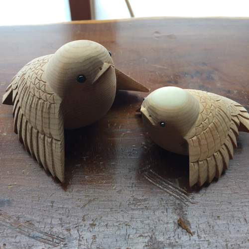 親子 福来雀の置物 受注製作 その他置物 木彫り nao 通販 8491838