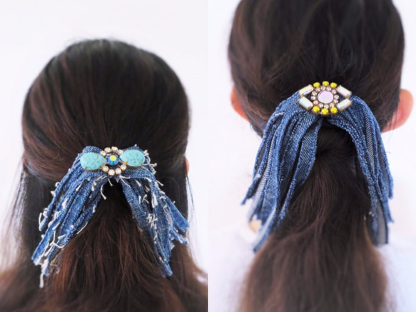 ヴィンテージデニムフリンジ&ビジューヘアゴム vintage hairtie ＜HG-RBD3＞ 6枚目の画像