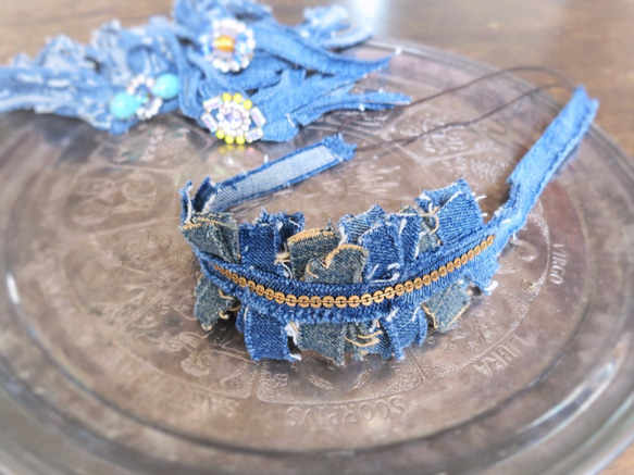 ヴィンテージデニムヘアバンド vintage denim headband chain <HB-DmCh> 2枚目の画像