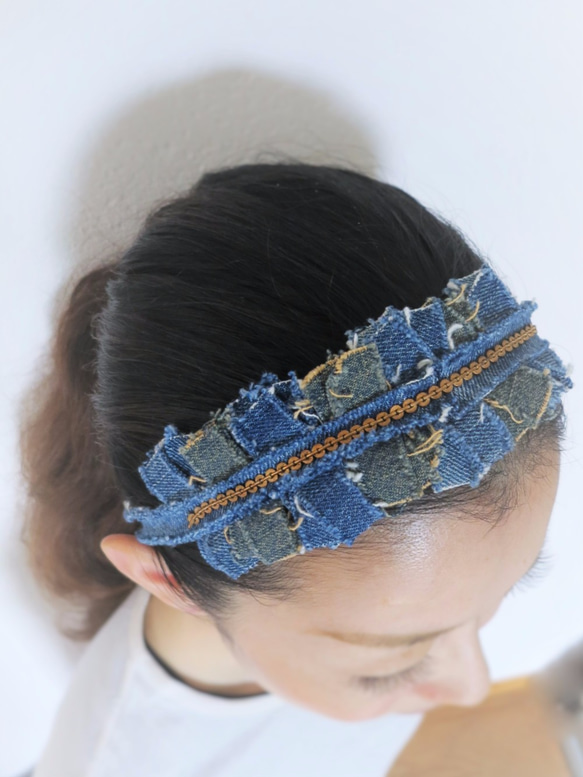 ヴィンテージデニムヘアバンド vintage denim headband chain <HB-DmCh> 4枚目の画像