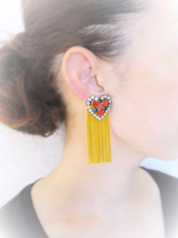 ヴィンテージイヤリング ハートフリンジ イエロー vintage earrings heart <ER-HYL> 5枚目の画像