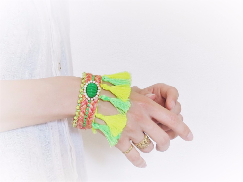 ヴィンテージバングル タッセル グリーンイエロー vintage bangle braids <BG-bdN1>