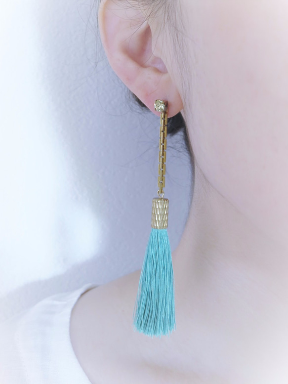 シルクタッセルロングピアス ターコイズ tassel pierced earrings <PETS-4GR> 4枚目の画像