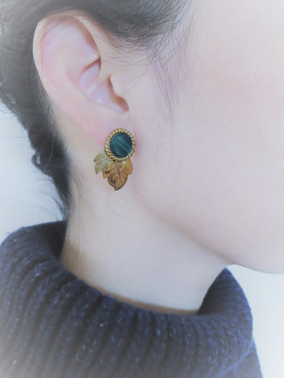 リーフピアス ヴィンテージグリーン vintage pierced earrings <PE-lfgr> 4枚目の画像