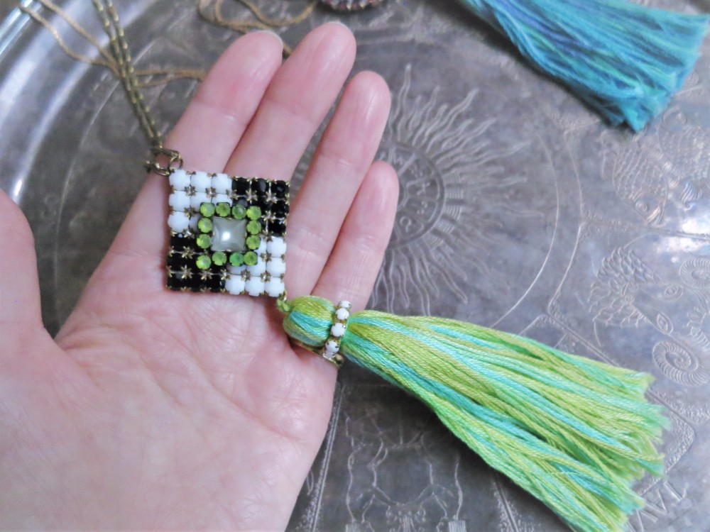 タッセルネックレス グリーン ヴィンテージビジュー vintage tassel necklace <NC-RBwb>