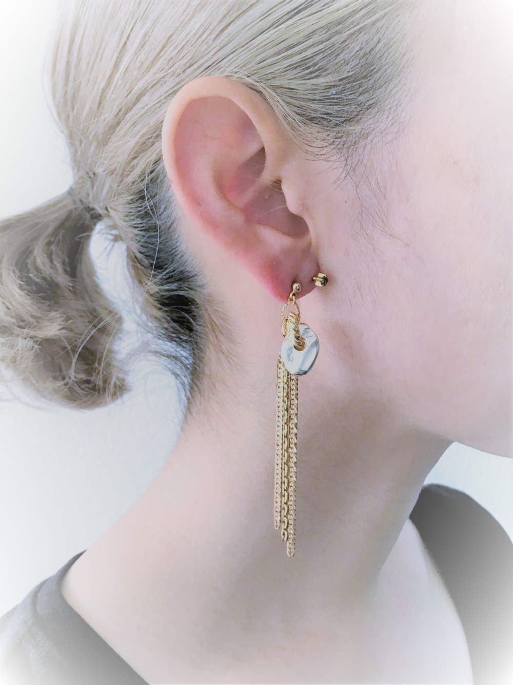 2ウェイイヤリング シルバーナゲット&フリンジ vintage earrings SV <PE7B-L19>