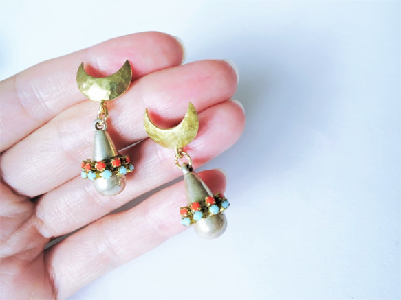 ドロップピアス ターコイズ×コーラル vintage drop earrings <PE12-0420> 5枚目の画像