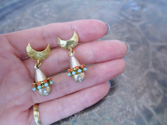 ドロップピアス ターコイズ×コーラル vintage drop earrings <PE12-0420> 3枚目の画像