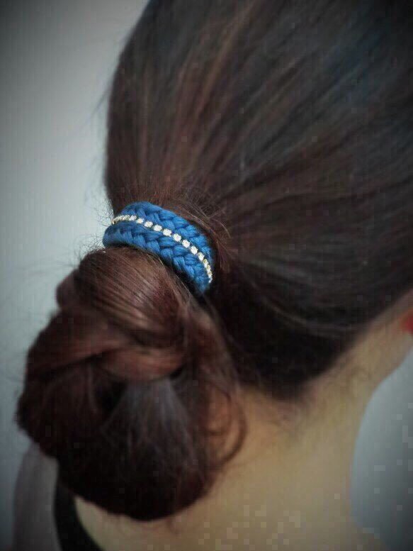編み込みビジュー ヘアゴム ネイビー braid bijou <navy> ヘアゴム 