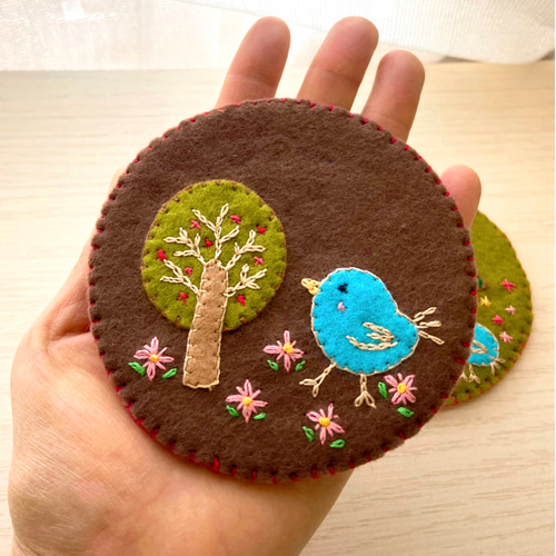 フェルト刺繍・青い鳥さんコースター（北欧風） コースター
