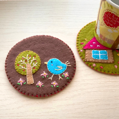 フェルト刺繍・青い鳥さんコースター（北欧風） コースター ヨコーク