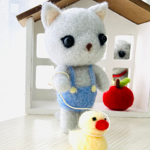 羊毛フェルト 猫 籠入り仲良し子猫ちゃん スコティッシュ