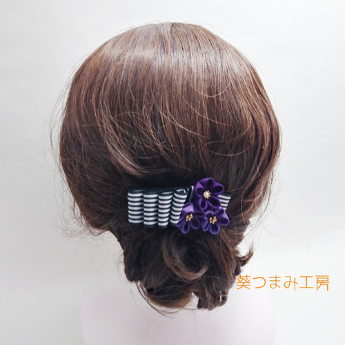 つまみ細工髪飾り ヘアクリップ ストライプリボンと3つの小花 ヘア