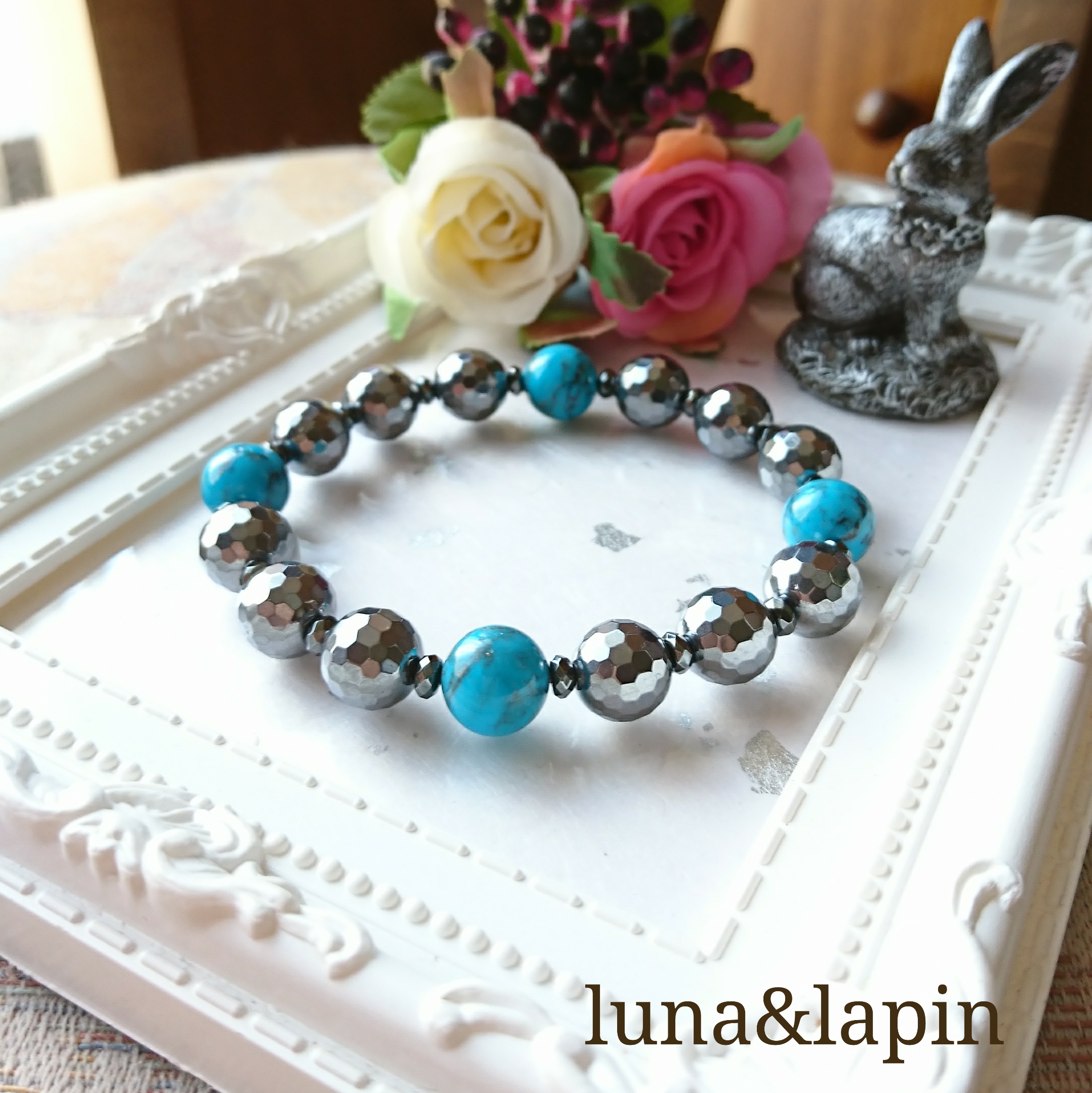 旅のお守りターコイズとテラヘルツ鉱石のブレスレット