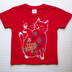 手描き染めTシャツ(Baby100)唐獅子ボタンにゃん 1枚目の画像