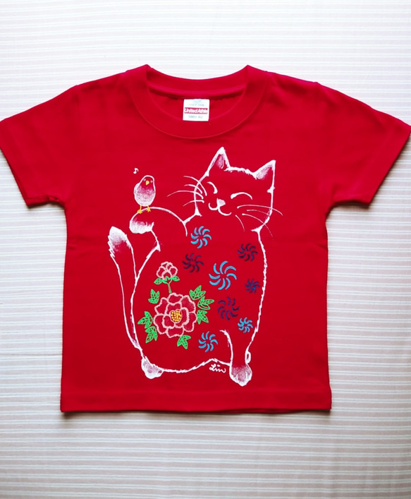 手描き染めTシャツ(Baby100)唐獅子ボタンにゃん 1枚目の画像