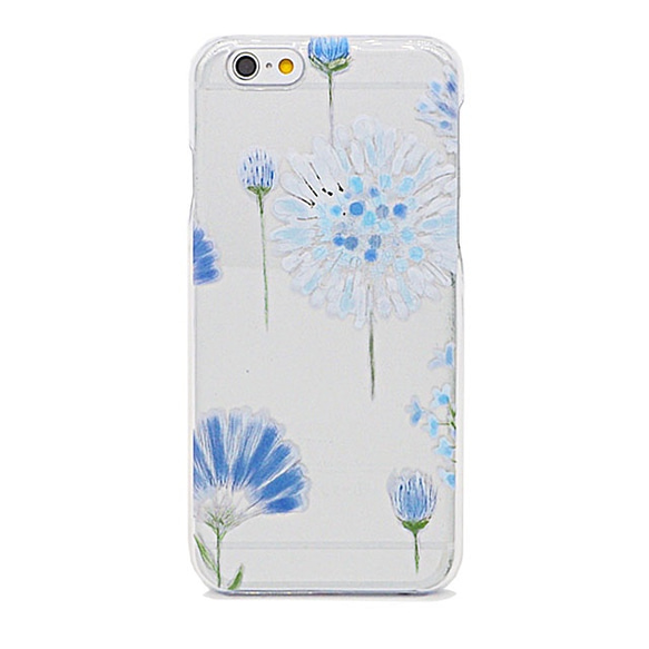 かわいい青や水色ブルーの花柄スマホケース　花々ブルー/透明ケース（側面印刷無し）iPhone各機種用はめ込み背面カバー型 1枚目の画像