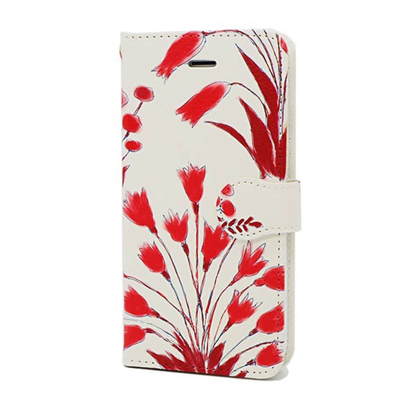シックな赤の野の花柄 手帳型スマホはめ込み式ケース・ベルト有 シルエットflower赤 送料無料 1枚目の画像