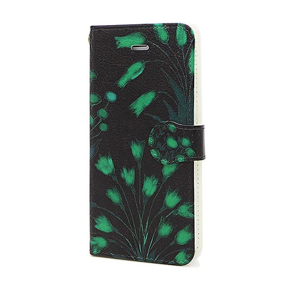 夜の野の緑の花柄 手帳型スマホはめ込み式ケース・ベルト有 シルエットflower緑/黒地 送料無料 1枚目の画像