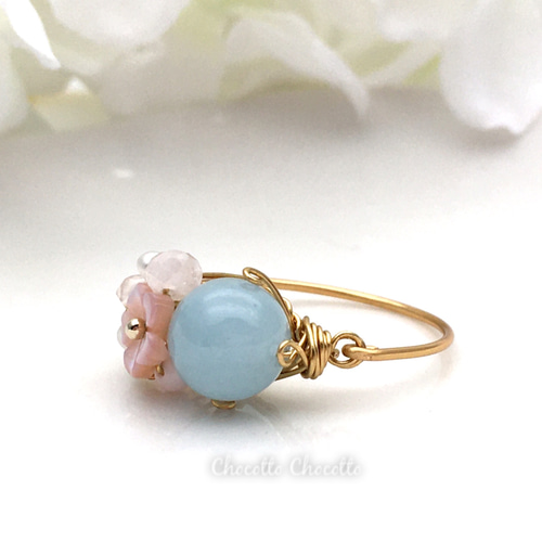 Cherry blossoms - アクアマリンとピンクシェルのワイヤーリング