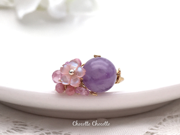 Cherry blossoms - アメジスト ピンクシェル 小さな天然石のワイヤーリング ピンクスピネル 指輪 桜 2枚目の画像