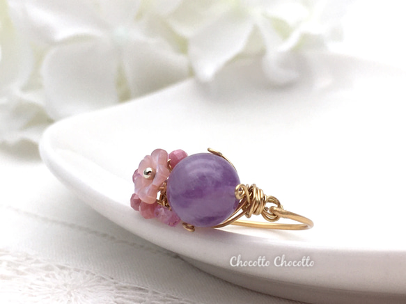 Cherry blossoms - アメジスト ピンクシェル 小さな天然石のワイヤーリング ピンクスピネル 指輪 桜 3枚目の画像