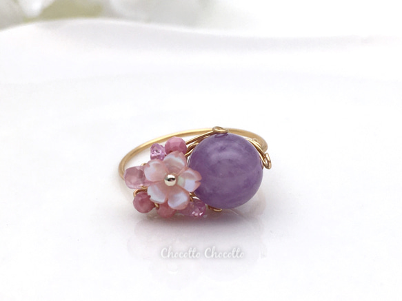 Cherry blossoms - アメジスト ピンクシェル 小さな天然石のワイヤーリング ピンクスピネル 指輪 桜 4枚目の画像