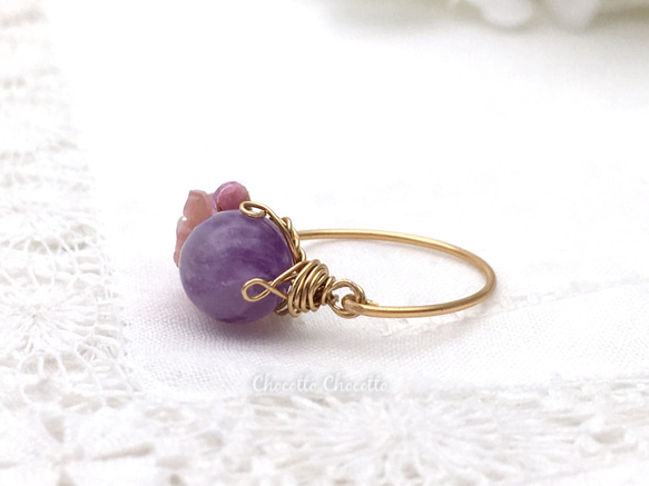 Cherry blossoms - アメジスト ピンクシェル 小さな天然石のワイヤーリング ピンクスピネル 指輪 桜 5枚目の画像