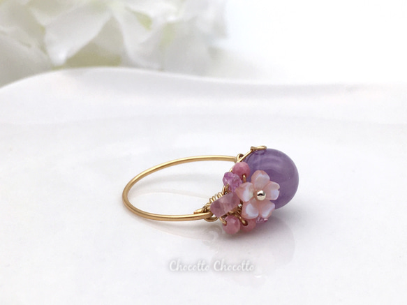 Cherry blossoms - アメジスト ピンクシェル 小さな天然石のワイヤーリング ピンクスピネル 指輪 桜 6枚目の画像