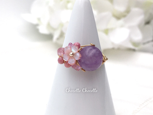 Cherry blossoms - アメジスト ピンクシェル 小さな天然石のワイヤーリング ピンクスピネル 指輪 桜 7枚目の画像
