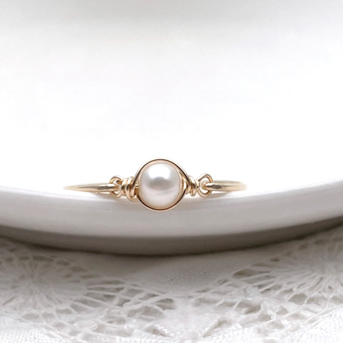 14KP デザイン パール リング サイズ17 14kgf］一粒淡水パールのワイヤーリング 真珠 指輪 指輪・リング