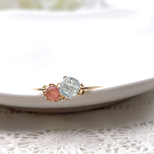 14kgf］Sweet antique - インカローズとアクアマリンの立爪ふう