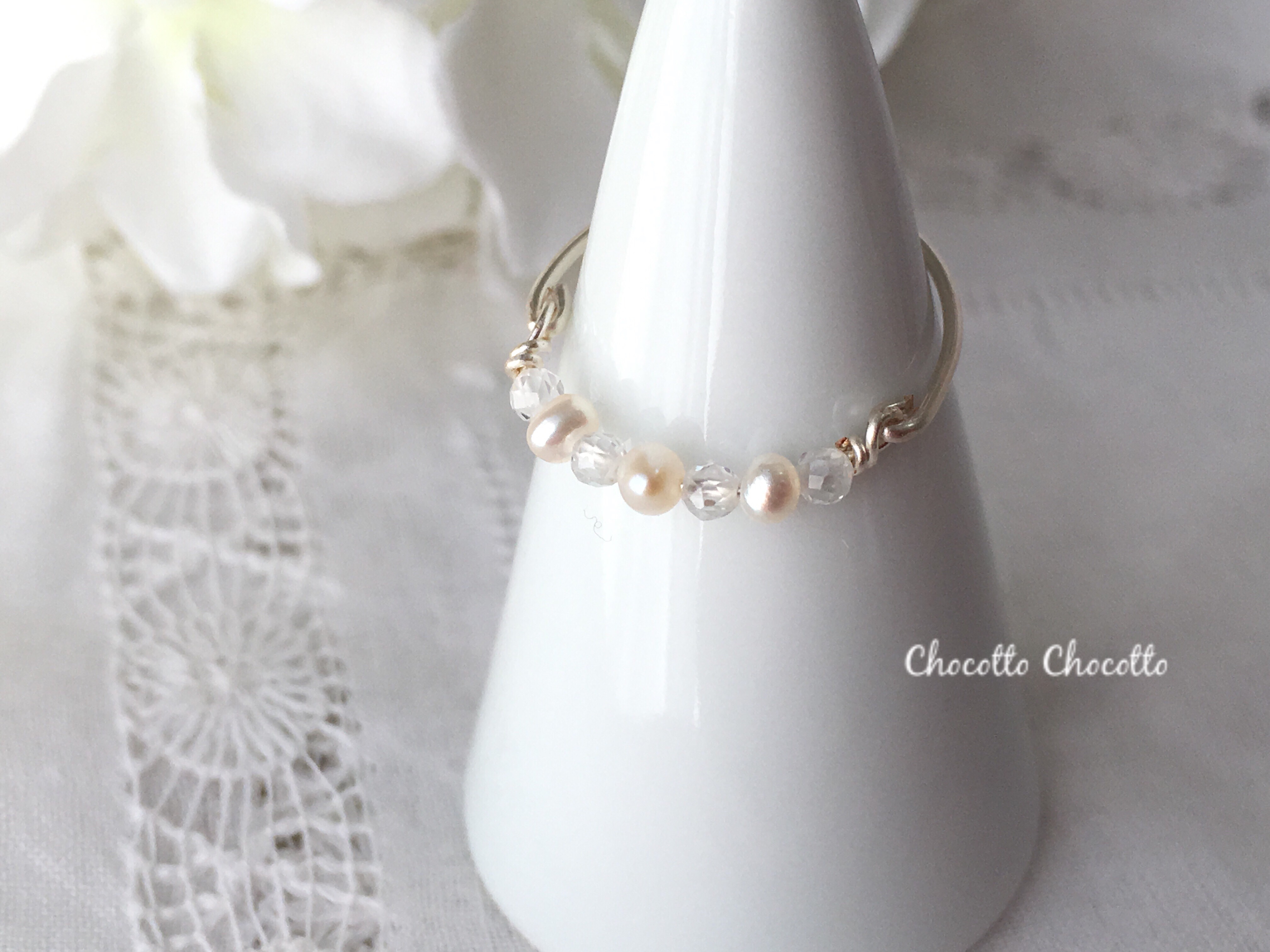 frozen - 淡水パールとジルコンのワイヤーリング 天然石 指輪