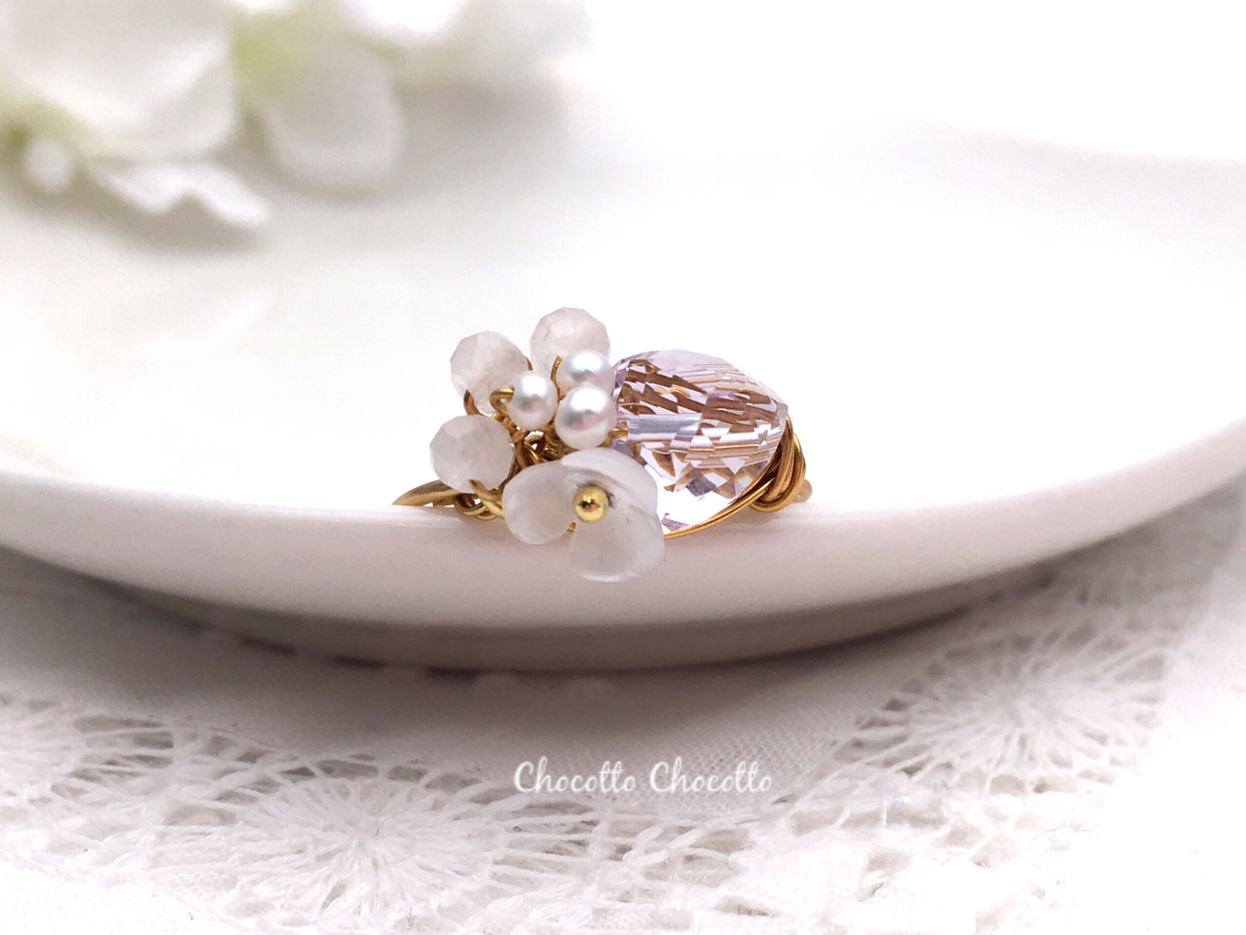 ピンクアメジストの花束ワイヤーリング 天然石 ローズクォーツ ピンクアメジスト 淡水パール 指輪
