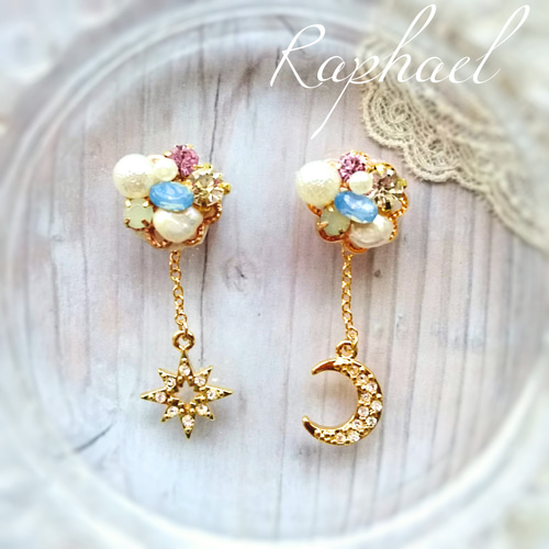 2way ラインストーンの月と星 パールビジューピアス ピアス（スタッド