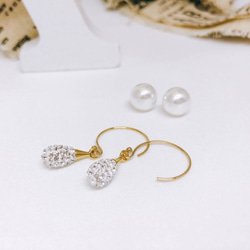 【K14gf】施華洛世奇水滴金色珍珠抓式耳環 第3張的照片