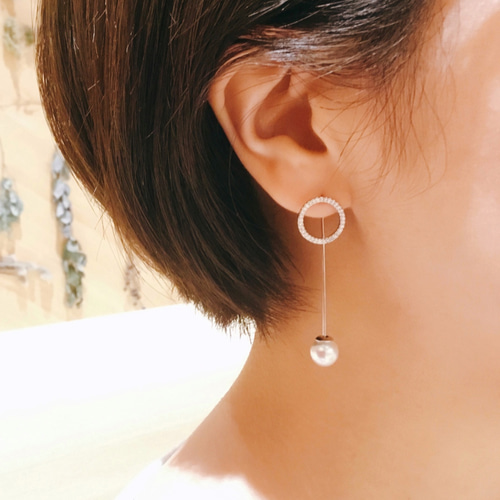 ビジュピコ　ハート型キャッチ 2way蝶々ダイヤとパールのピアス Melody Accessory ピアス 日本製 K18GP フラワー 花 パール