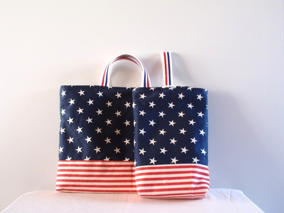 入園入学】2点セット・ネイビースター＆ボーダー・レッスンバッグと上  