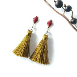 【SALE】七宝焼 Long tassel♦ピアス～red×masterd yellow～ 2枚目の画像