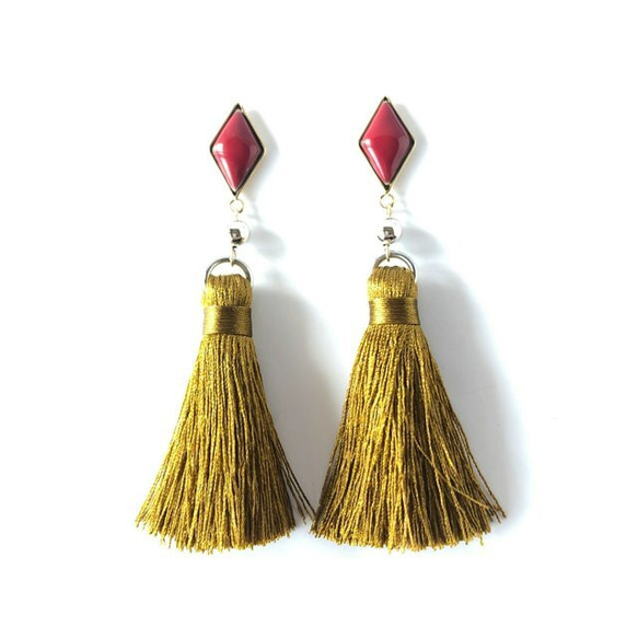 【SALE】七宝焼 Long tassel♦ピアス～red×masterd yellow～ 3枚目の画像