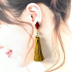 【SALE】七宝焼 Long tassel♦ピアス～red×masterd yellow～ 5枚目の画像