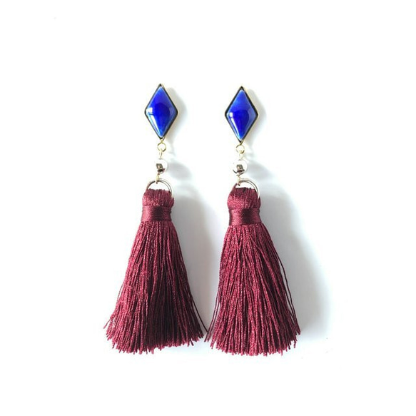 【SALE】七宝焼 Long tassel♦ピアス～Blue×Bordeaux red～ 1枚目の画像