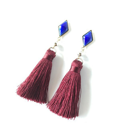 【SALE】七宝焼 Long tassel♦ピアス～Blue×Bordeaux red～ 3枚目の画像