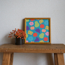 「花と果実と蝶模様（ブルー）」20cm角ポスター 2枚目の画像