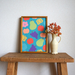 「花と果実と蝶模様（ブルー）」A4ポスター 1枚目の画像