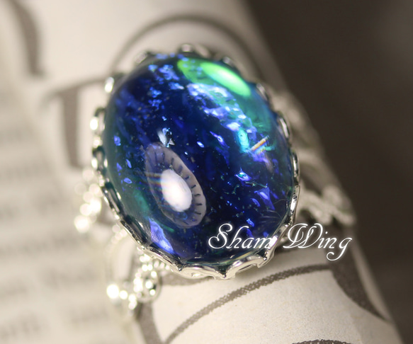 龍の息吹✿虹入りドラゴンブレスデザインリング☆フリーサイズ☆ブルーグリーン 3枚目の画像
