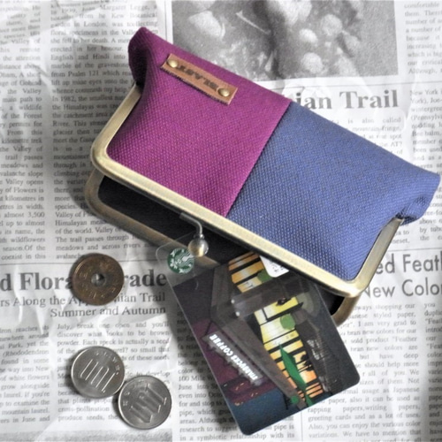 帆布のバイカラーがま口カードケース・ミニ財布【青紫・赤紫