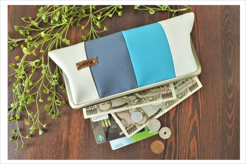 3月上旬～中旬のお届け・帆布と合皮のがま口長財布ターコイズ×アッシュブルー×アイボリー【受注製作】